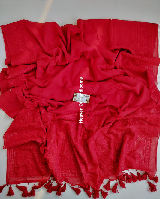 Festive Saree -  Hot Red Chikankari Embroidery