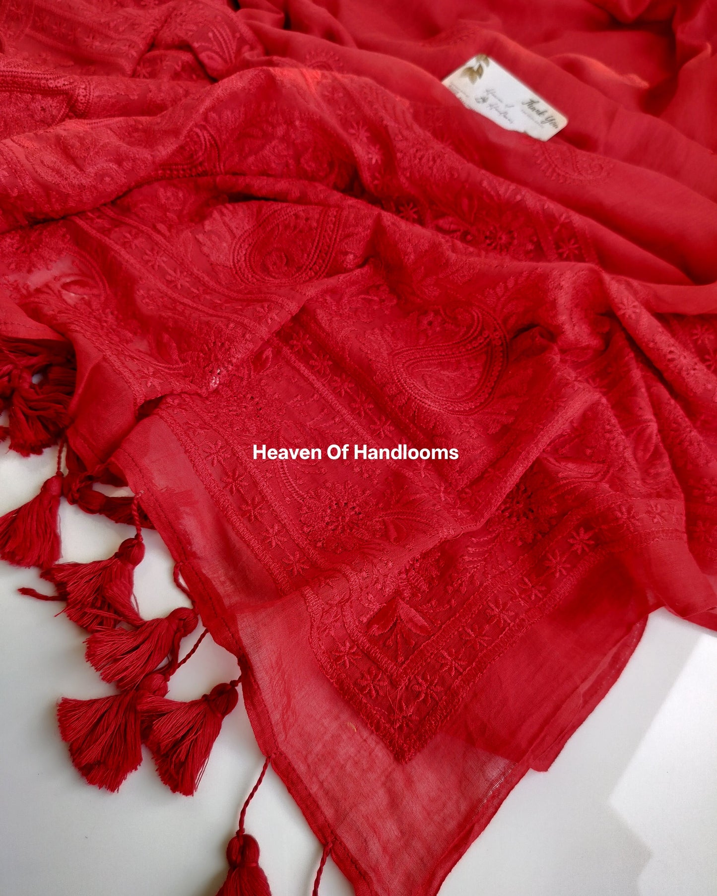 Festive Saree -  Hot Red Chikankari Embroidery