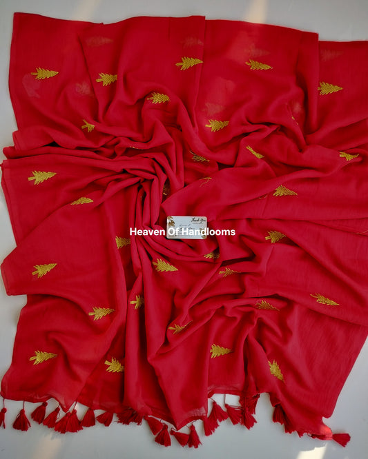 Embroidery Saree - Red Christmas Tree