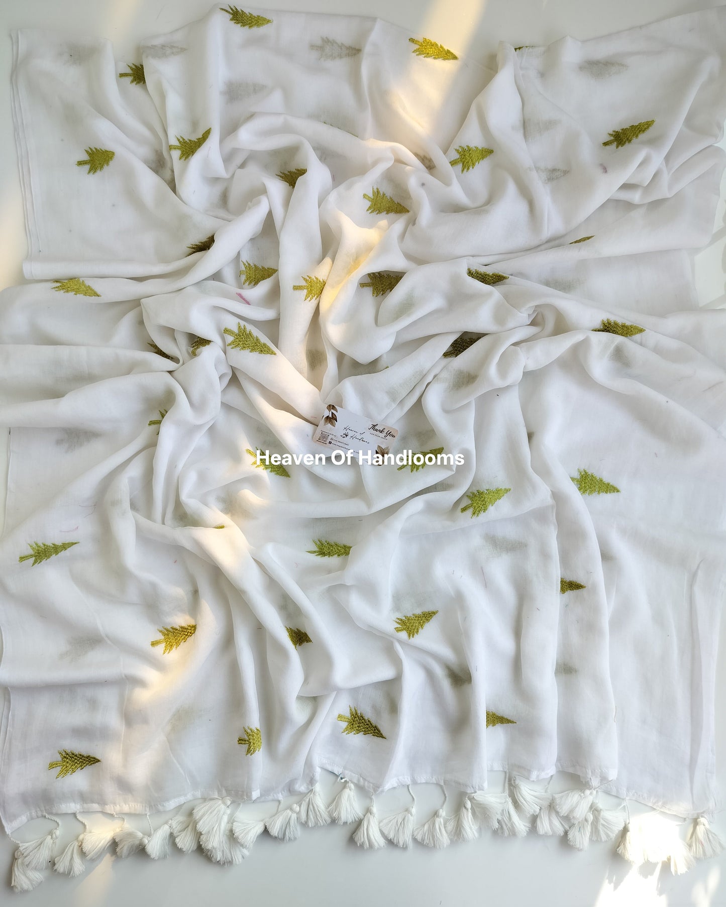 Embroidery Saree - White Christmas Tree