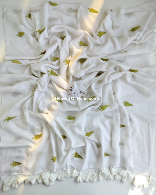 Embroidery Saree - White Christmas Tree