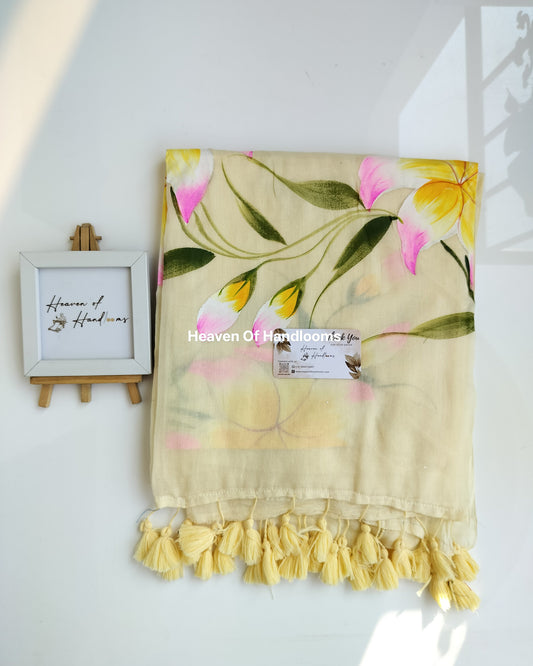 Hand Painted Saree - Cream Poo
