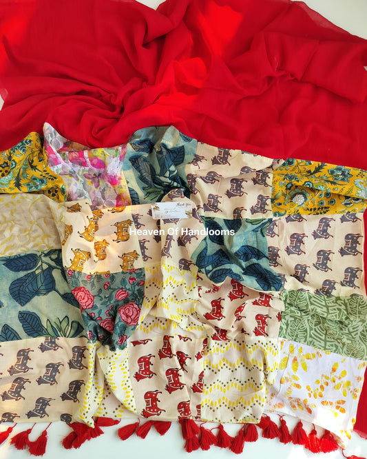 Festive Saree - Red Patchwork