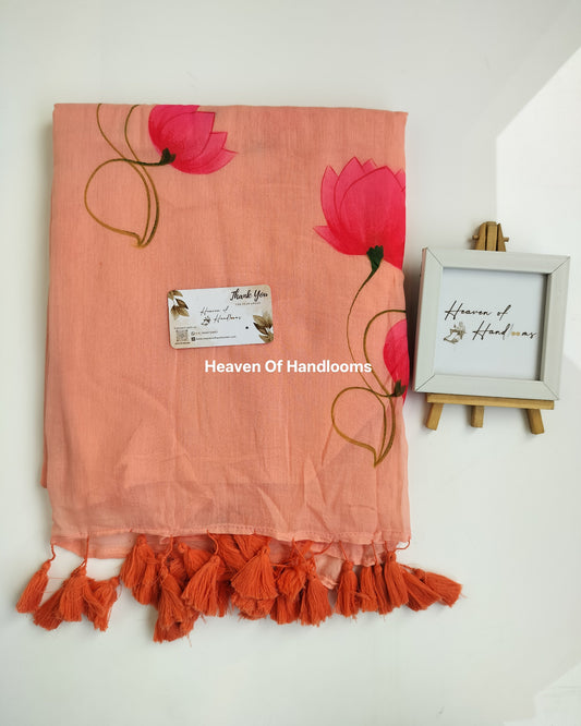 Hand Painted Saree - Peach Lotus