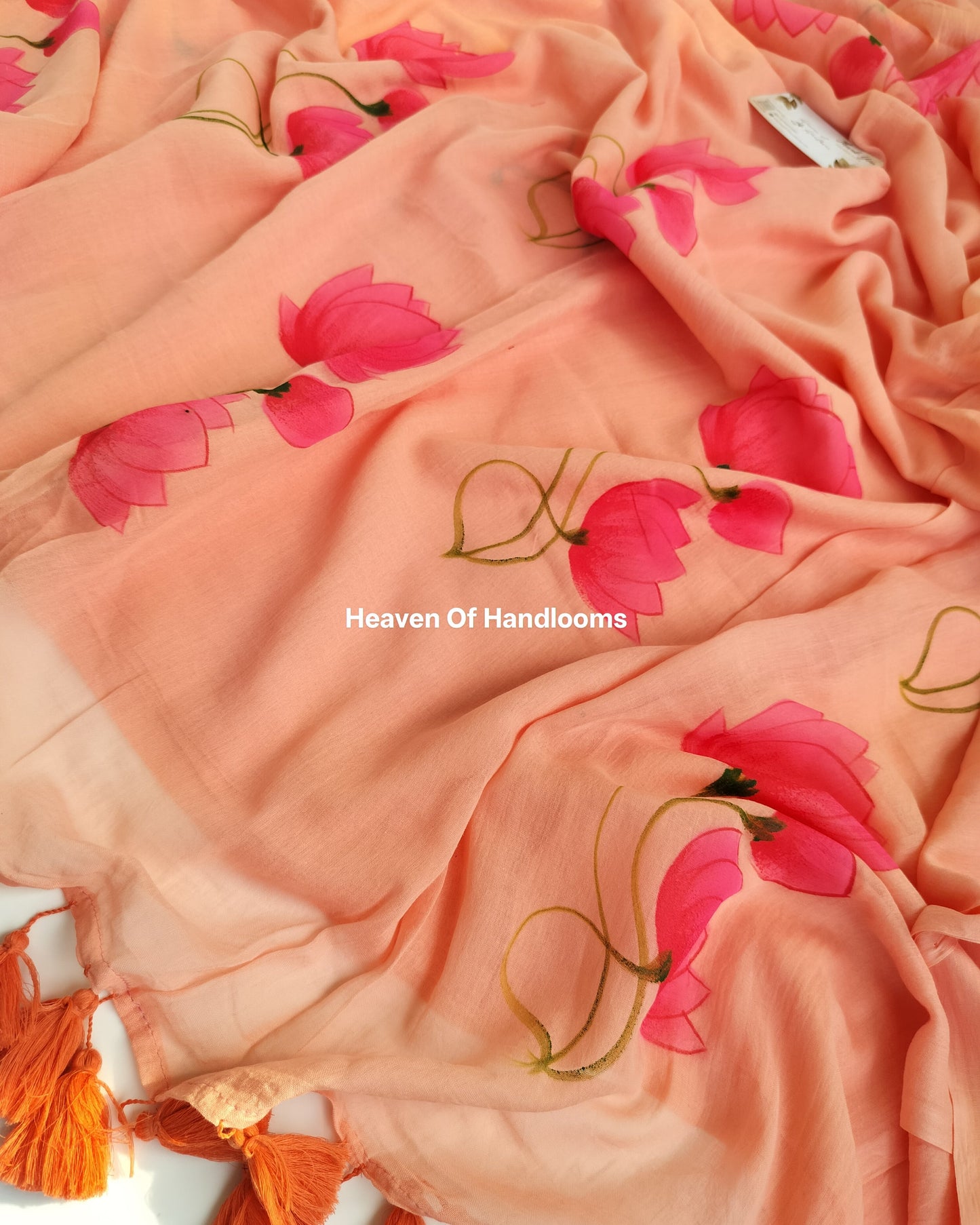 Hand Painted Saree - Peach Lotus
