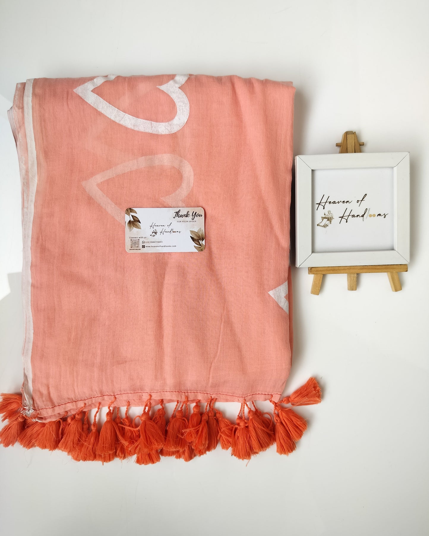 Hand Painted Saree - Peach White Heart
