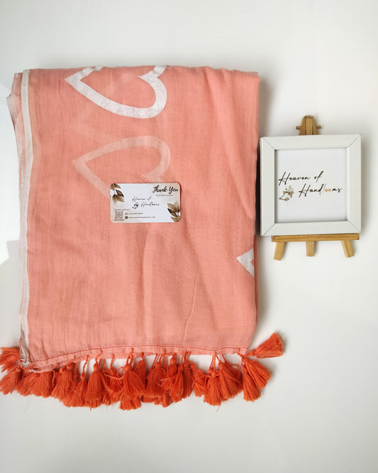 Hand Painted Saree - Peach White Heart