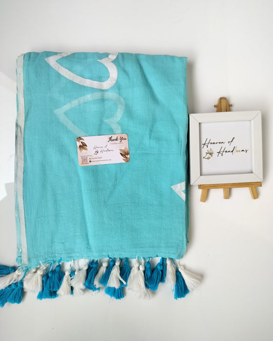 Hand Painted Saree - Sky White Heart