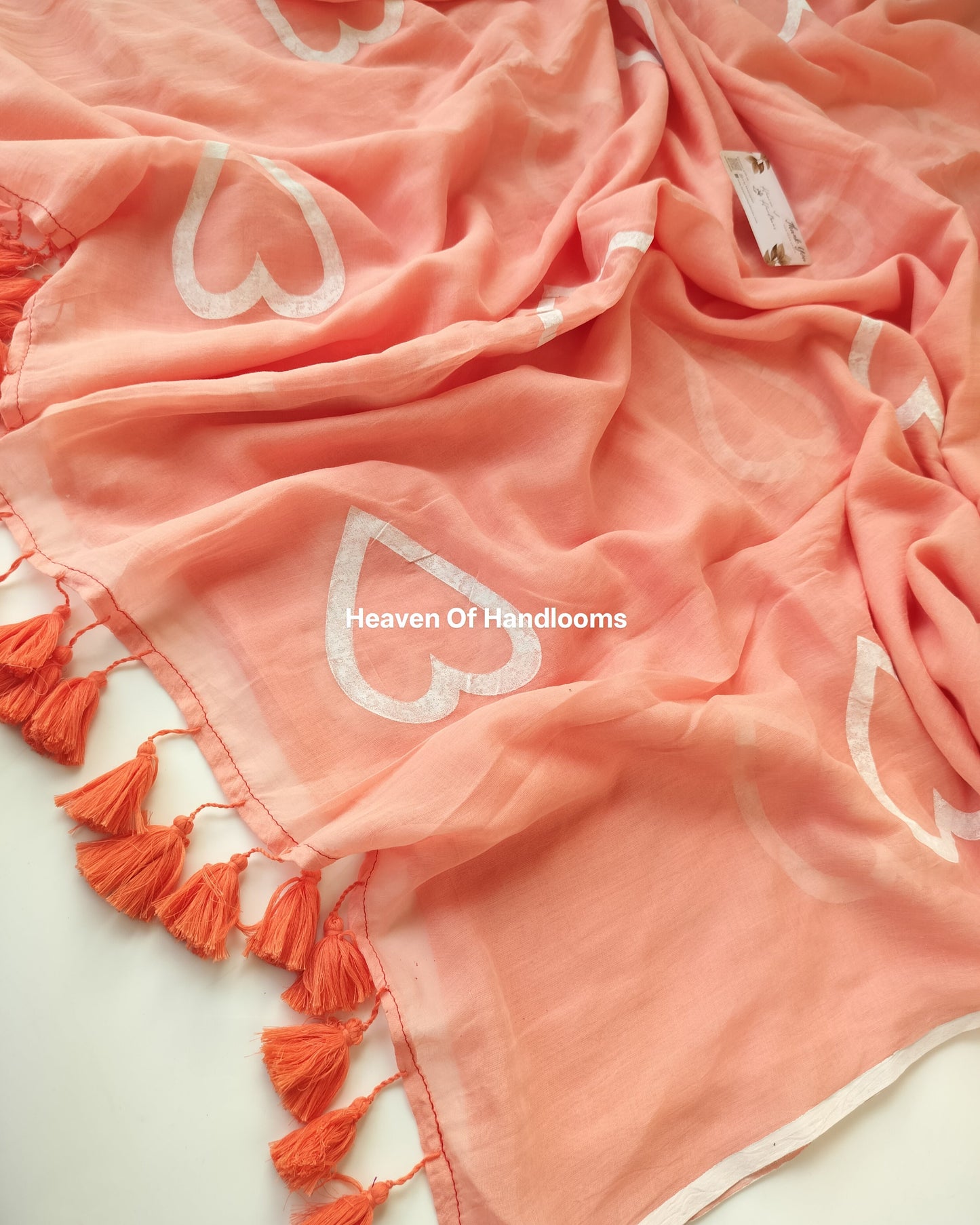 Hand Painted Saree - Peach White Heart