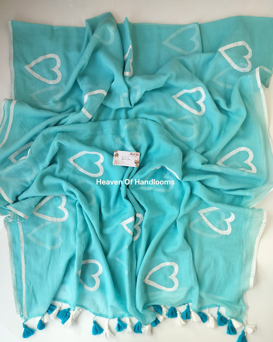 Hand Painted Saree - Sky White Heart