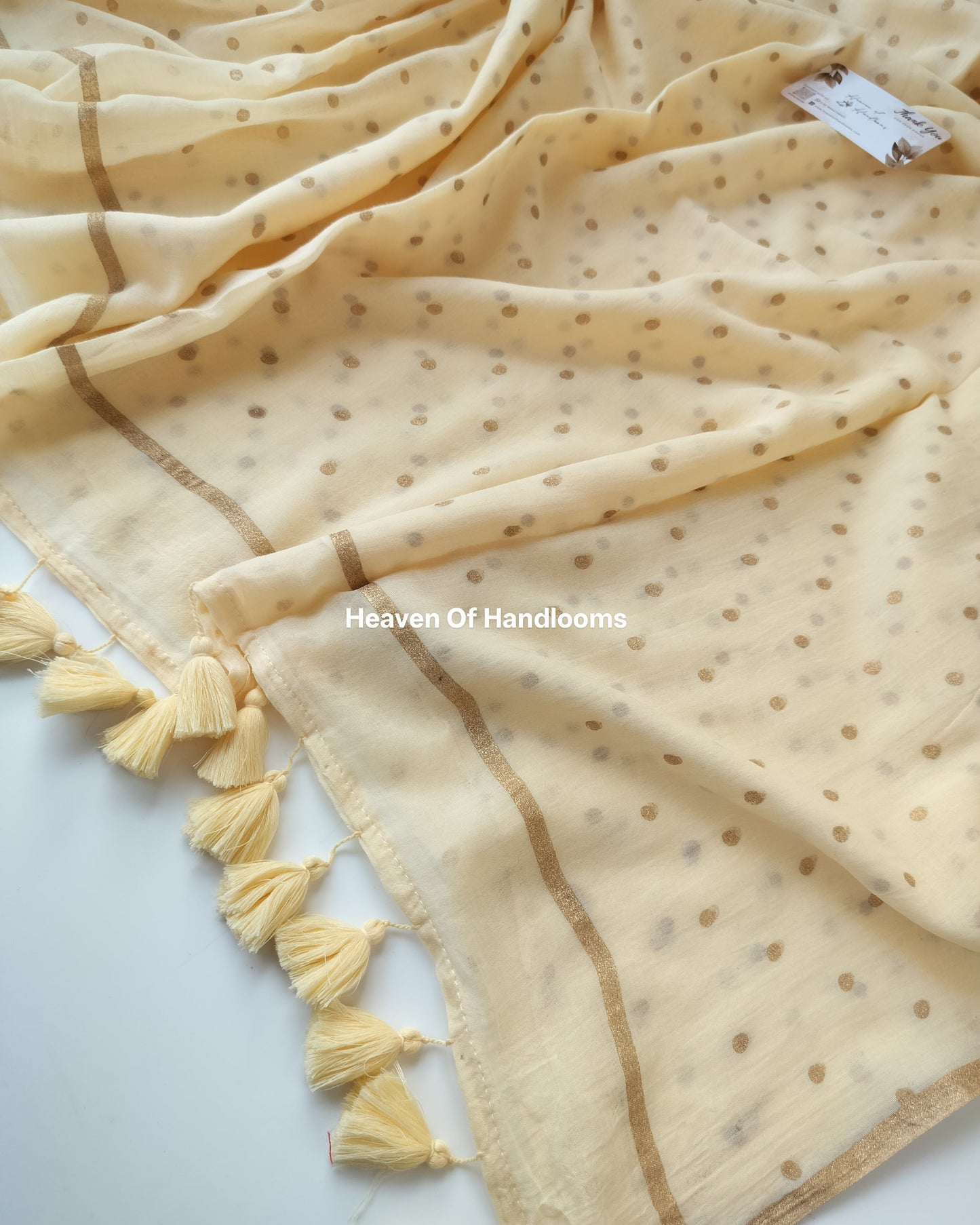 Printed Saree - Cream Polka