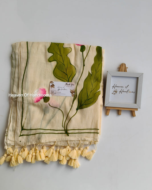 Hand Painted Saree - Cream Thistle
