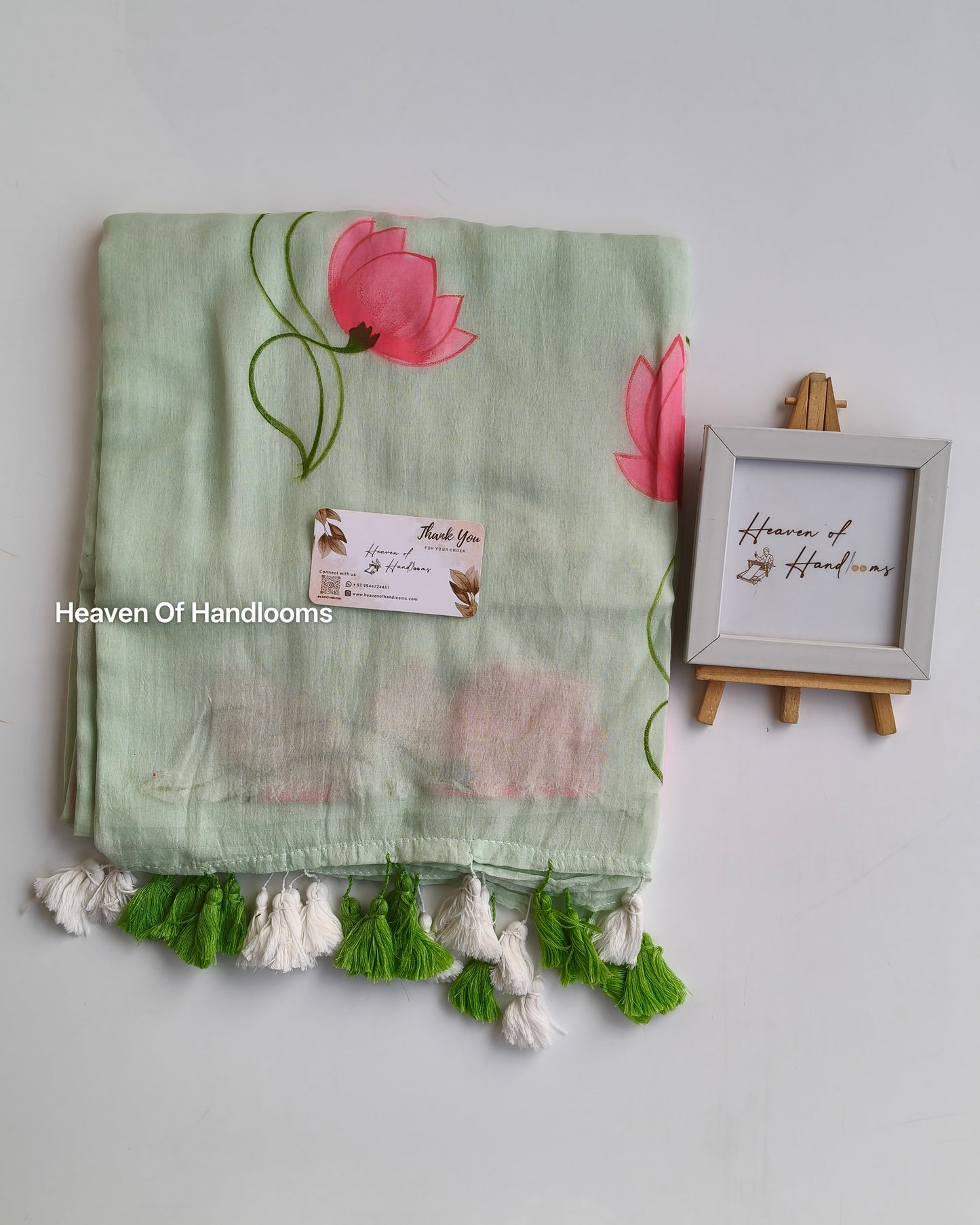 Hand Painted Saree - Mint Lotus