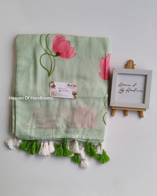 Hand Painted Saree - Mint Lotus