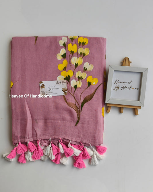 Hand Painted Saree - Thistle Yellow Bunch