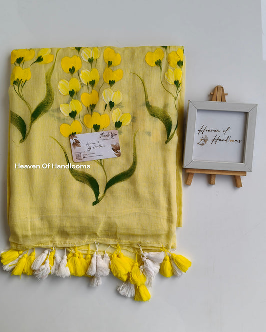 Hand Painted Saree -  Pastel Yellow Bunch