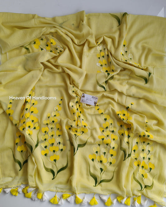 Hand Painted Saree -  Pastel Yellow Bunch