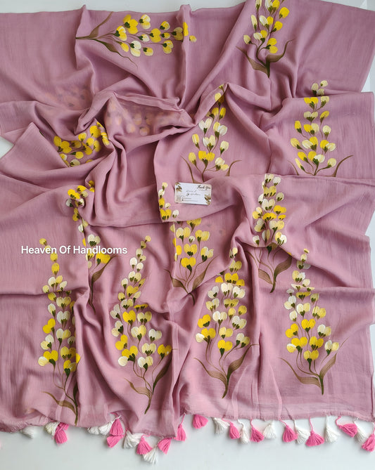 Hand Painted Saree - Thistle Yellow Bunch