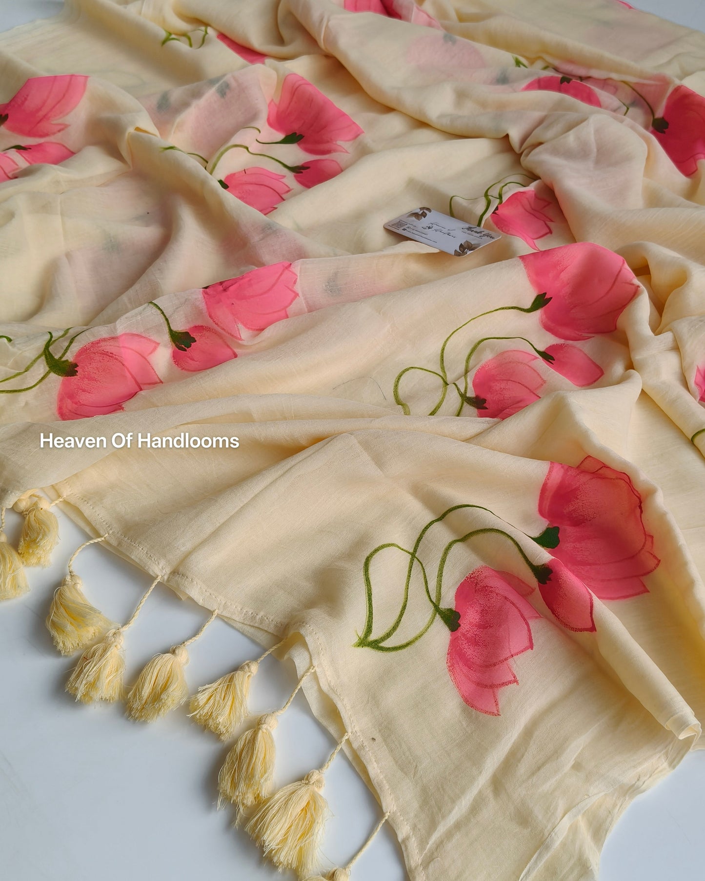 Hand Painted Saree - Cream Lotus