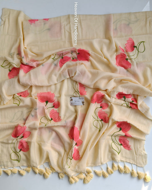 Hand Painted Saree - Cream Lotus