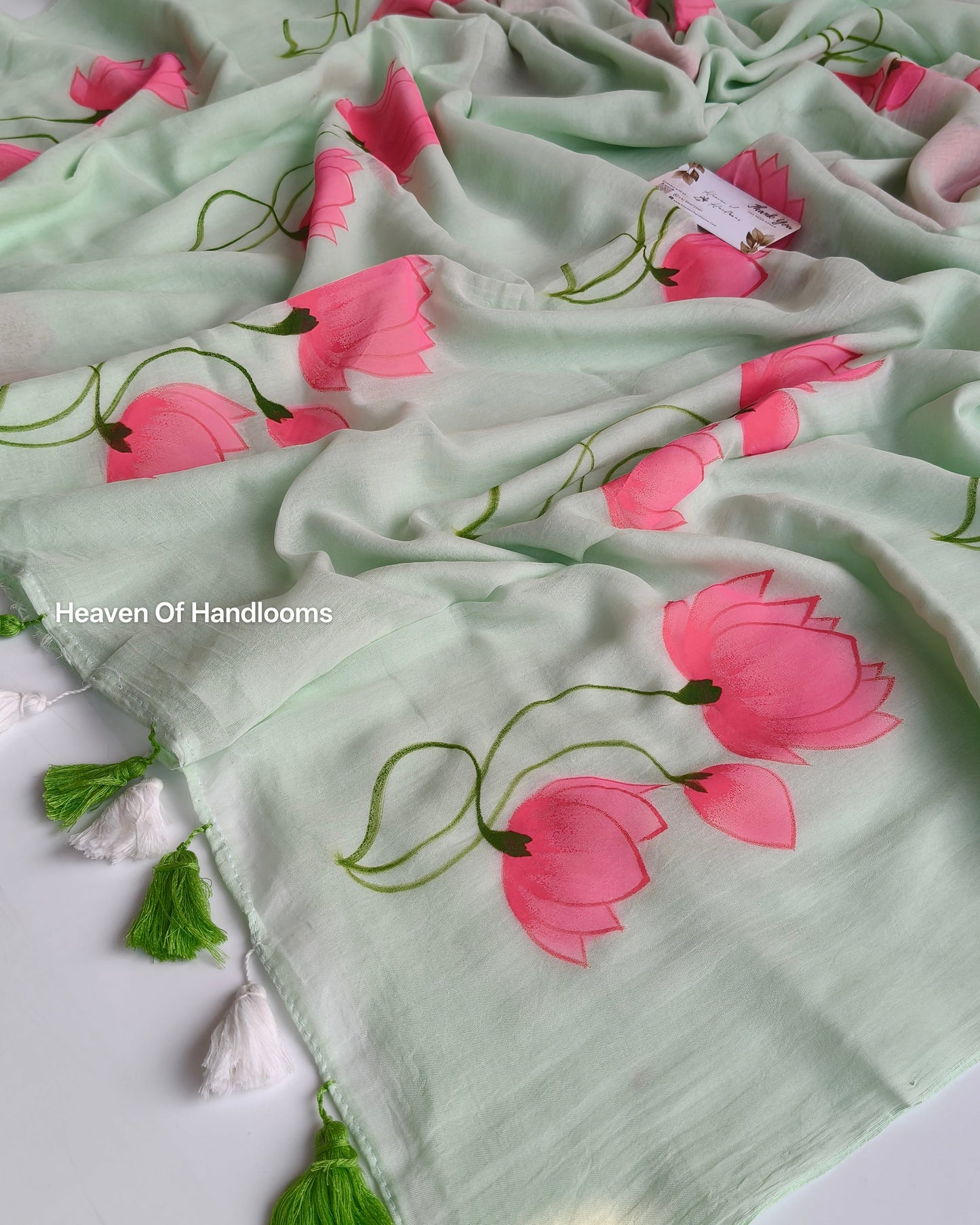 Hand Painted Saree - Mint Lotus