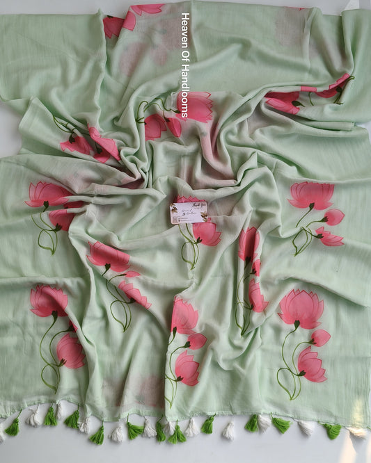 Hand Painted Saree - Mint Lotus