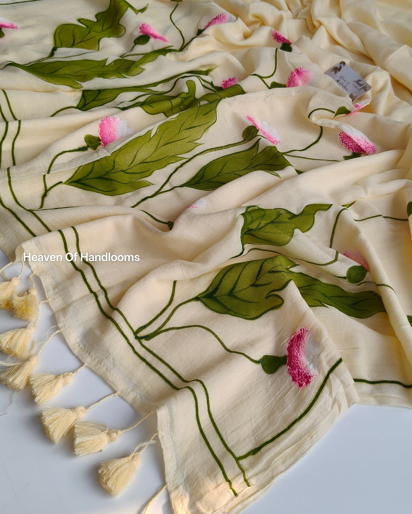 Hand Painted Saree - Cream Thistle