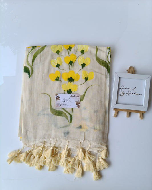Hand Painted Saree - Cream Yellow Flower