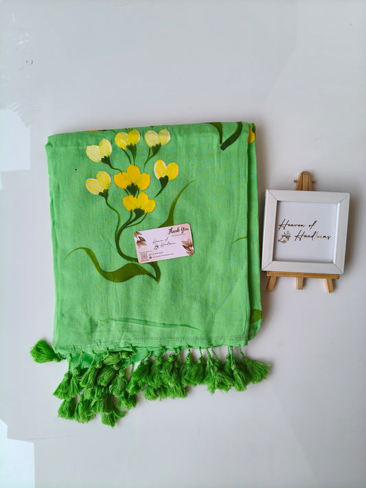 Hand Painted Saree - Pista Yellow Flower