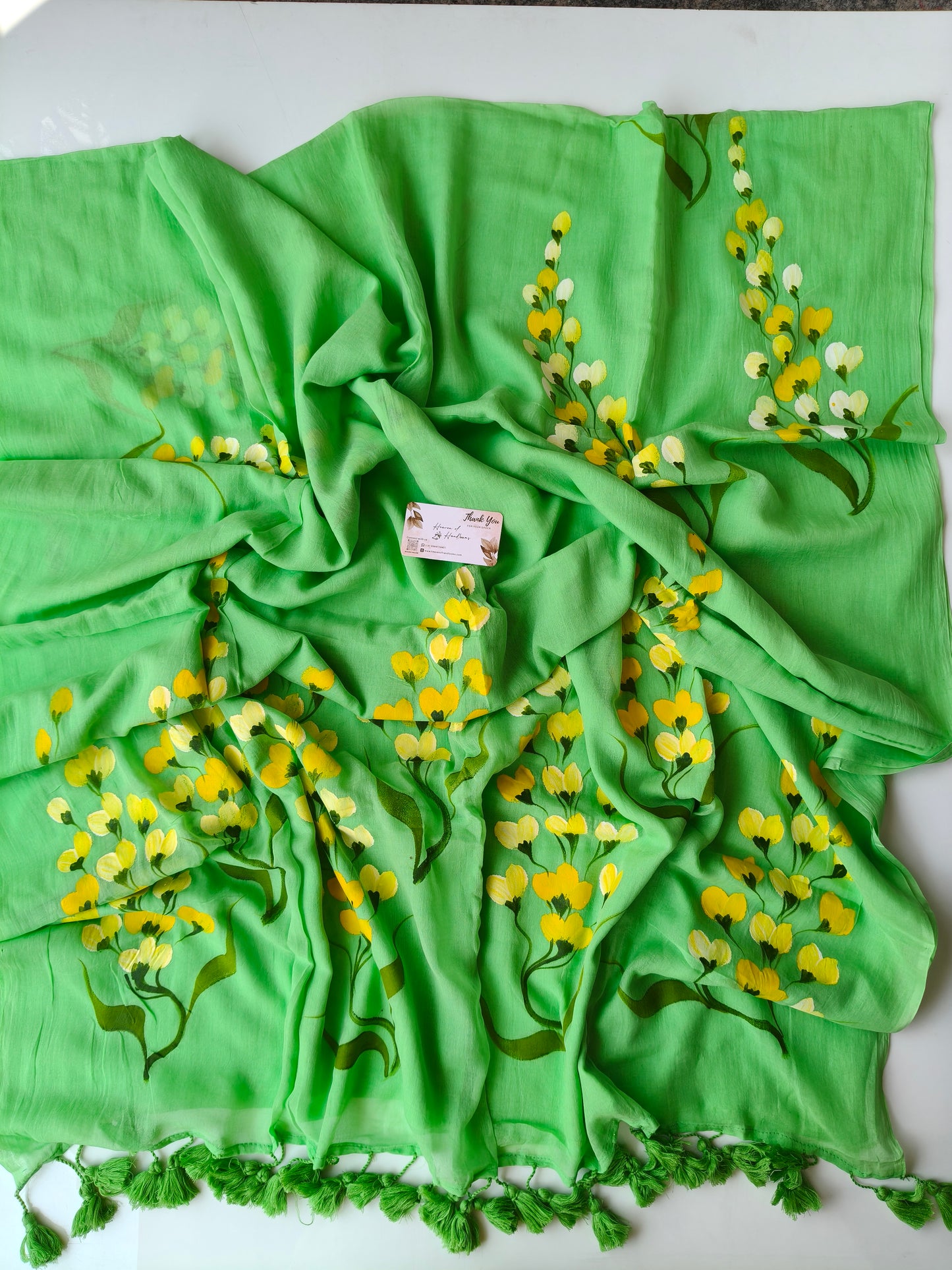 Hand Painted Saree - Pista Yellow Flower