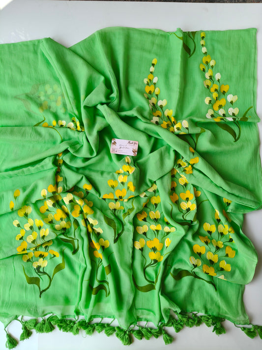 Hand Painted Saree - Pista Yellow Flower