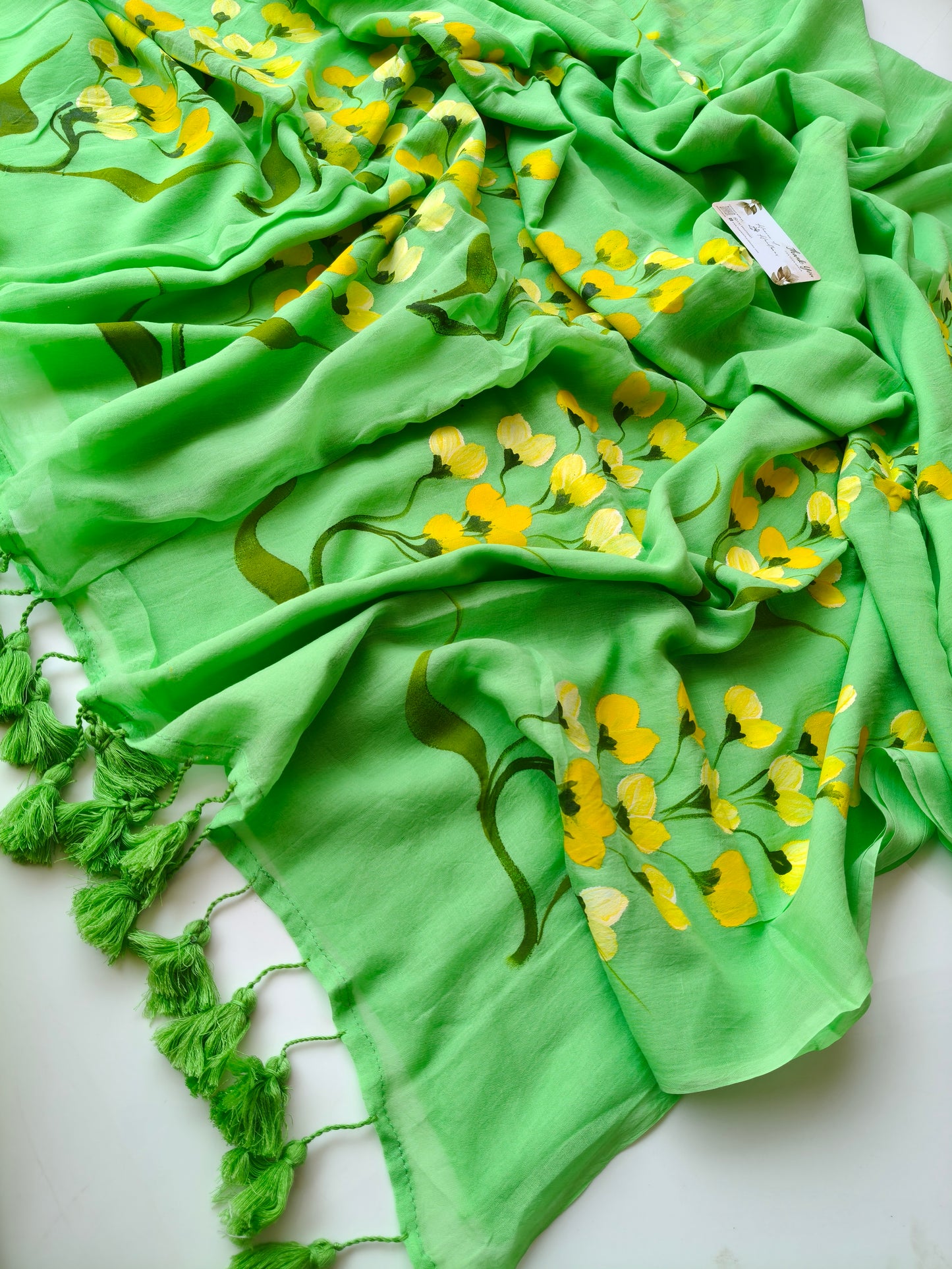 Hand Painted Saree - Pista Yellow Flower