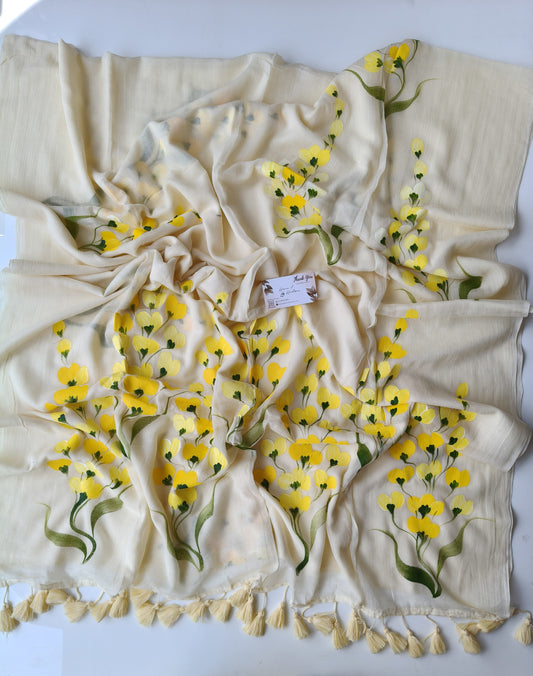 Hand Painted Saree - Cream Yellow Flower