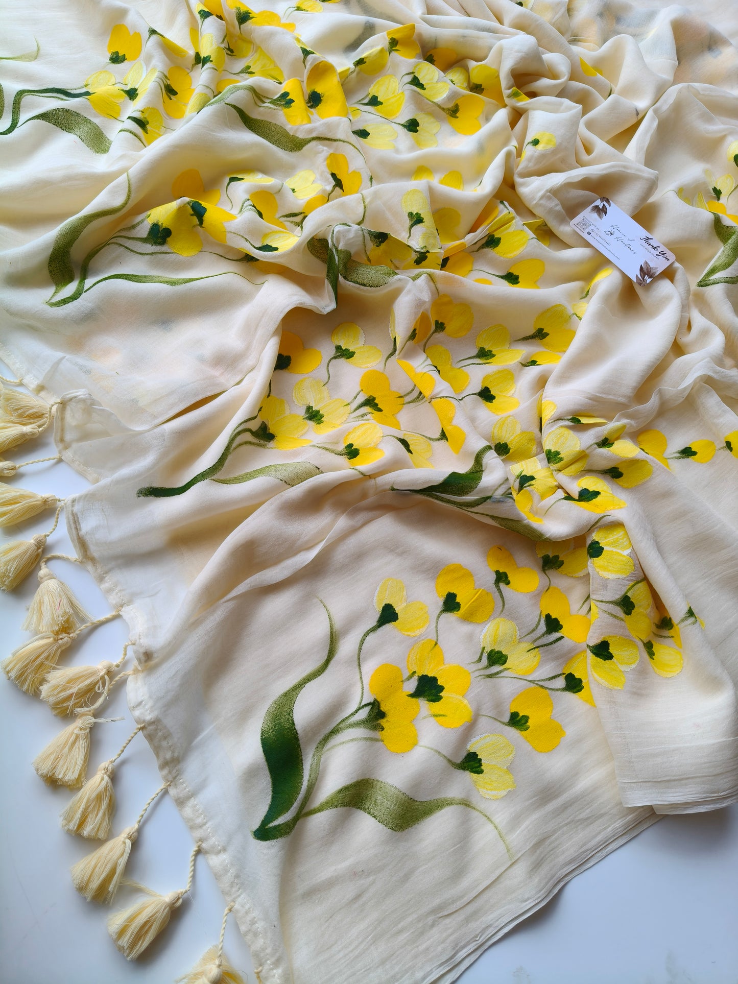 Hand Painted Saree - Cream Yellow Flower