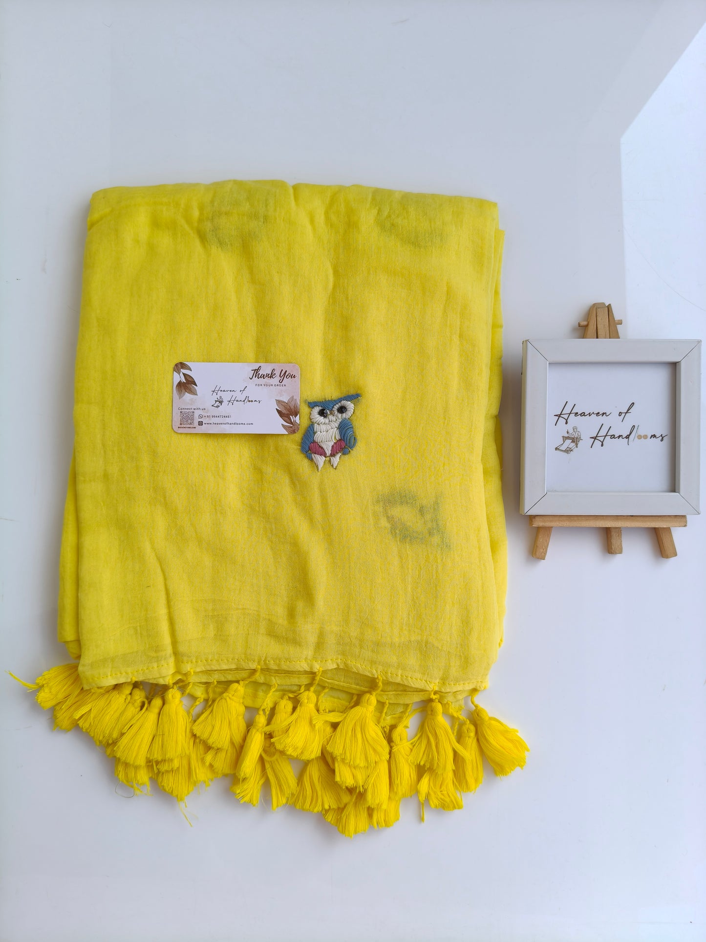 Premium Hand Stitch - Pastel Yellow Owl Kantha