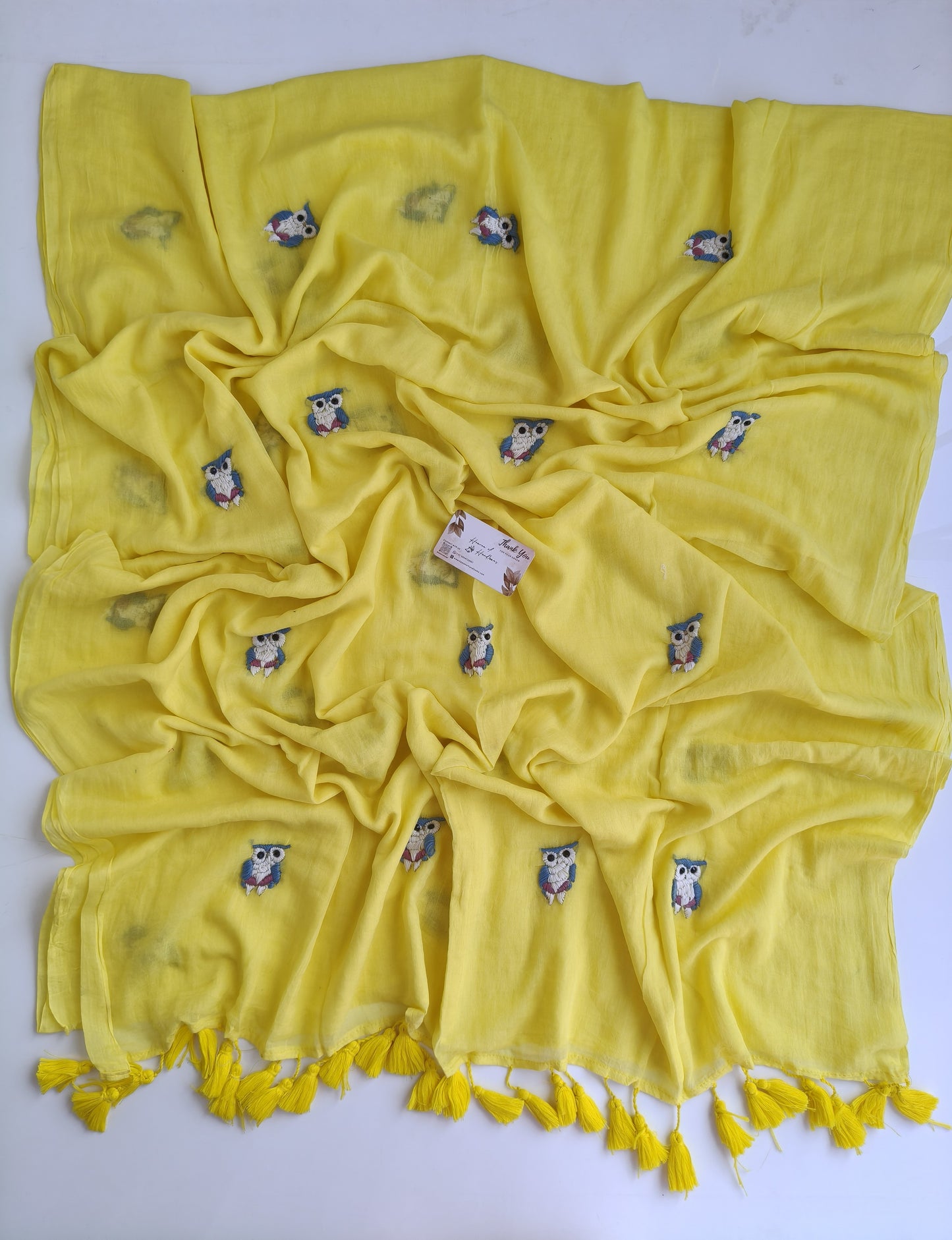 Premium Hand Stitch - Pastel Yellow Owl Kantha