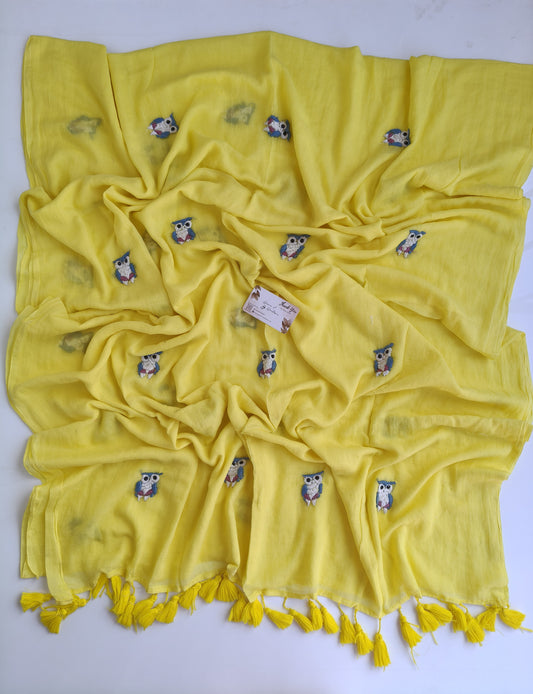 Premium Hand Stitch - Pastel Yellow Owl Kantha
