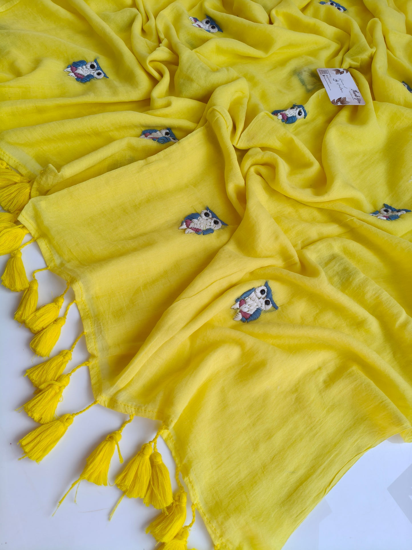 Premium Hand Stitch - Pastel Yellow Owl Kantha