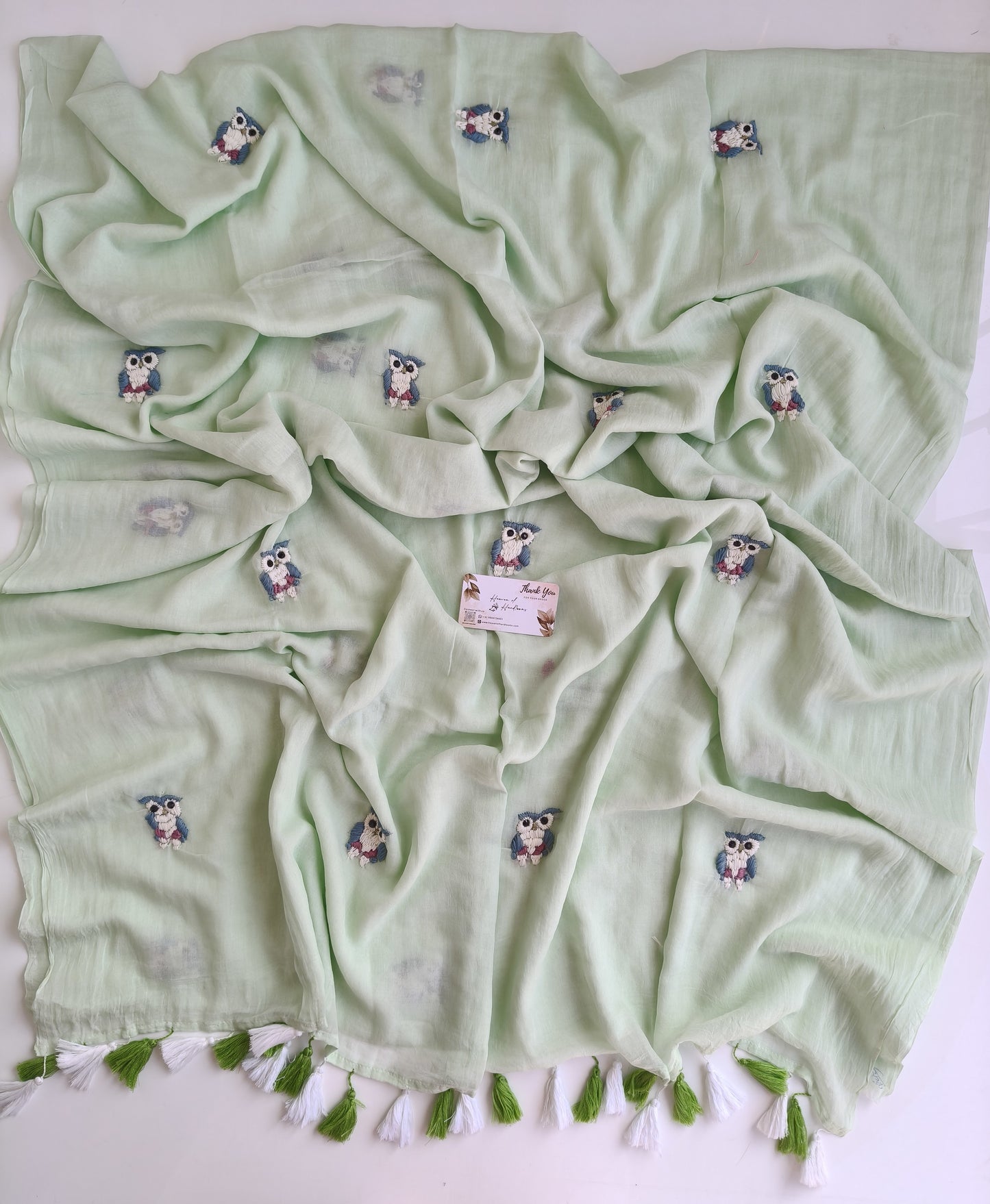 Premium Hand Stitch - Mint Owl Kantha