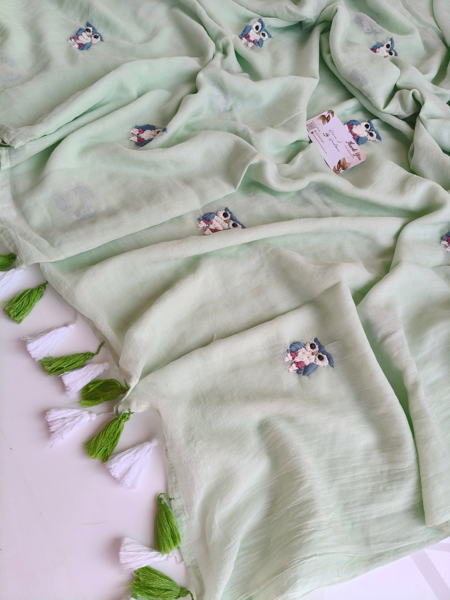 Premium Hand Stitch - Mint Owl Kantha