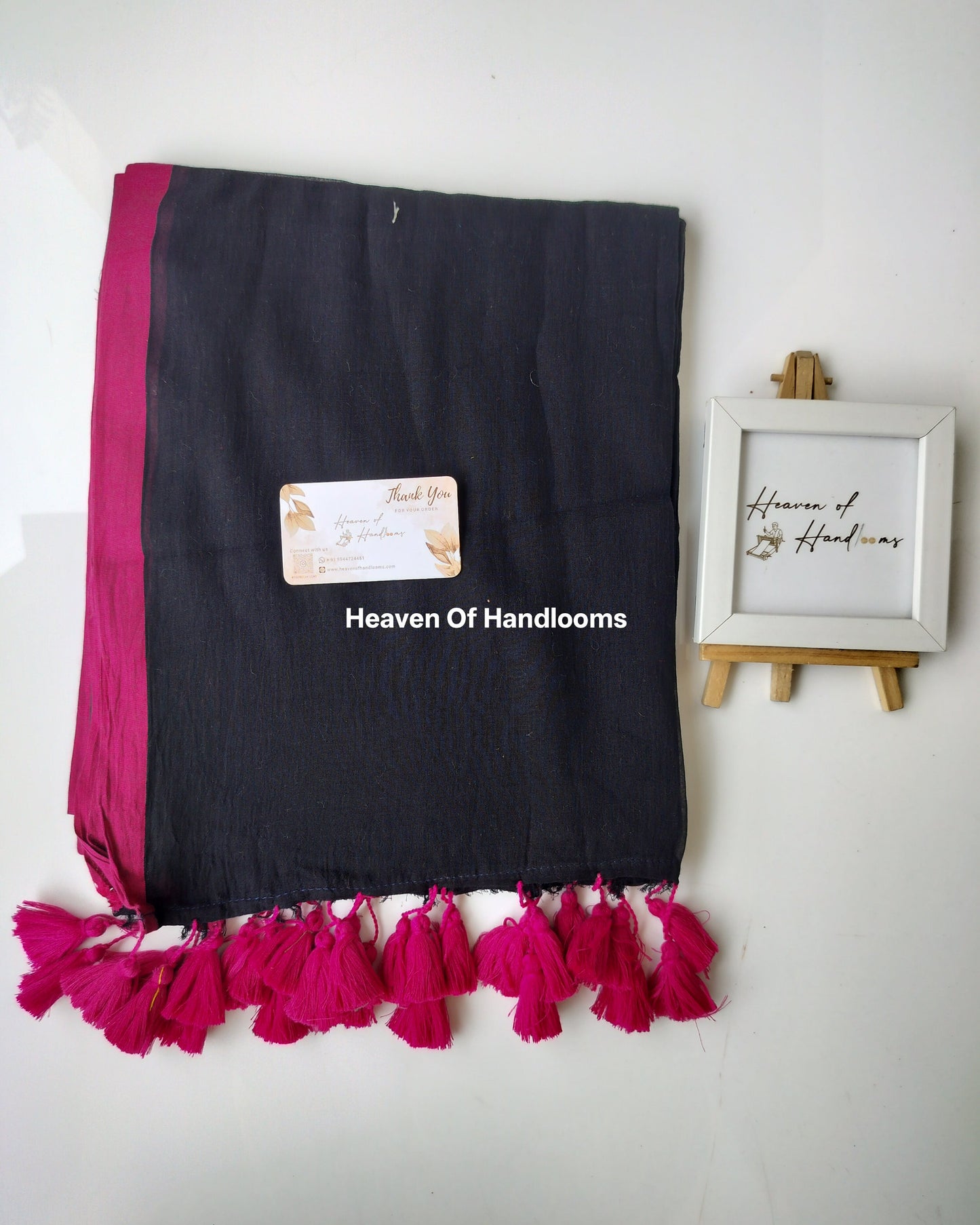 Plain Mul Saree - Black Pink Border