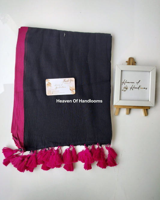 Plain Mul Saree - Black Pink Border