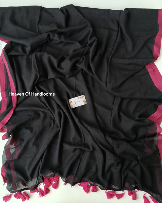 Plain Mul Saree - Black Pink Border