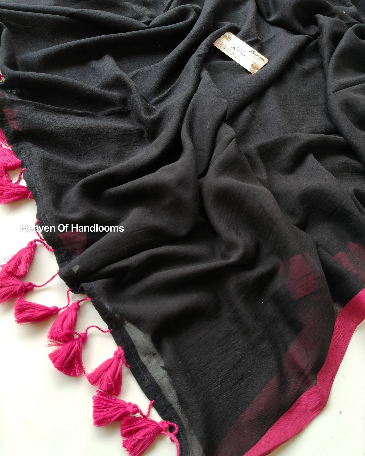 Plain Mul Saree - Black Pink Border