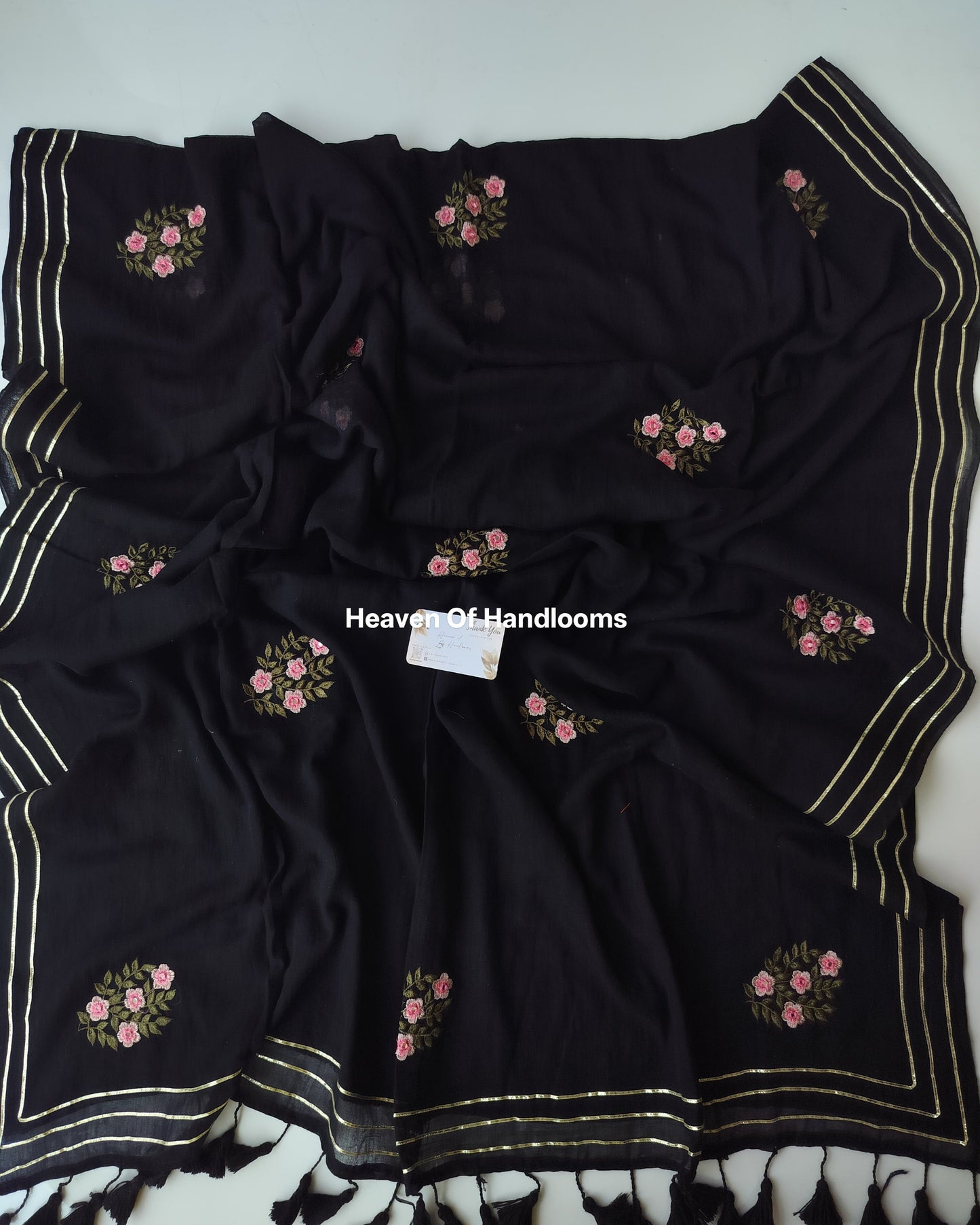 Festive Saree - Black Flower Pink