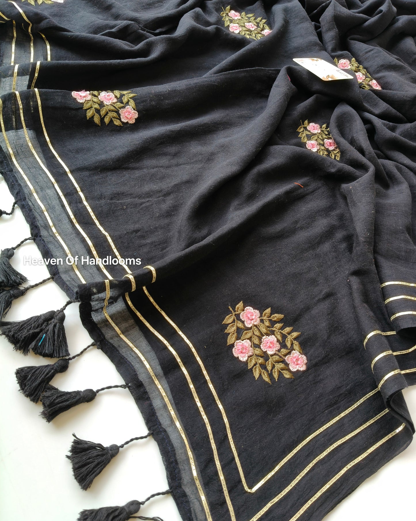 Festive Saree - Black Flower Pink