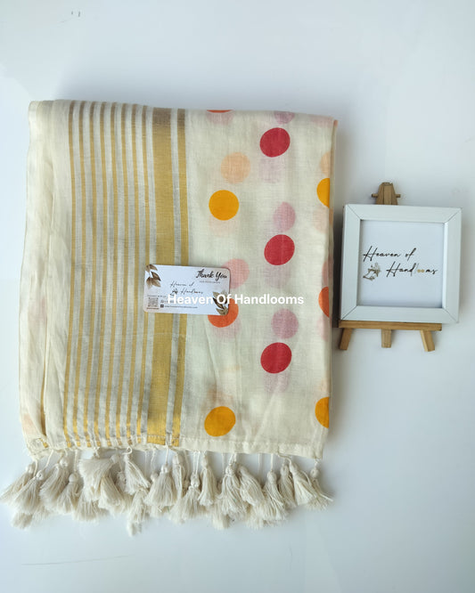 Onam-Vishu Saree - Beige Multi Polka