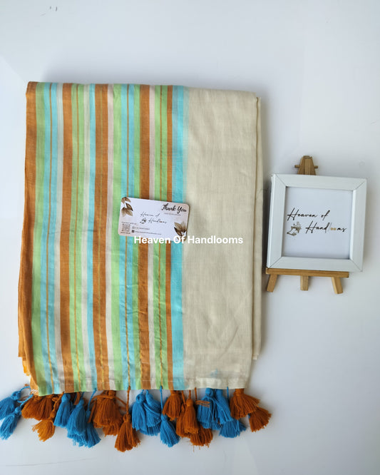 Onam-Vishu Saree - Beige Pastel Lines