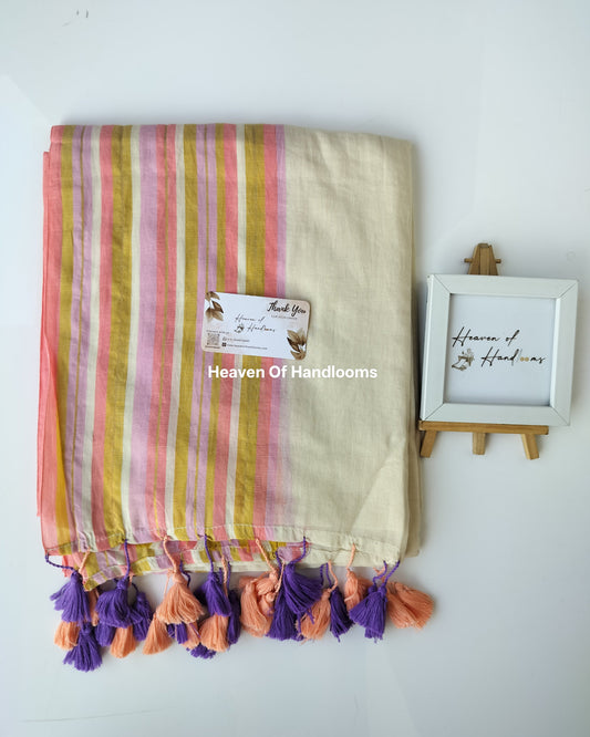 Onam-Vishu Saree - Beige Pastel Pink Line