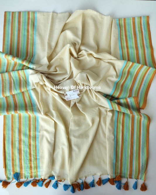 Onam-Vishu Saree - Beige Pastel Lines